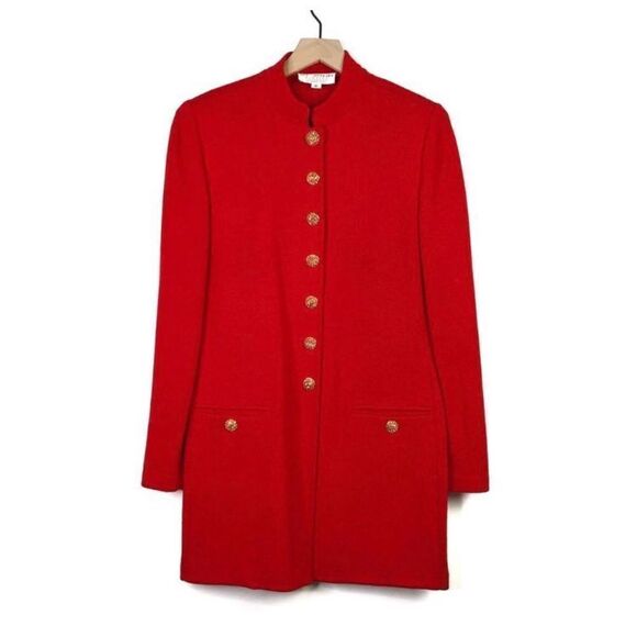 St John Evening Marie Gray Womens Red Button Down Long Sweater Cardigan Size 10 - Picture 2 of 7